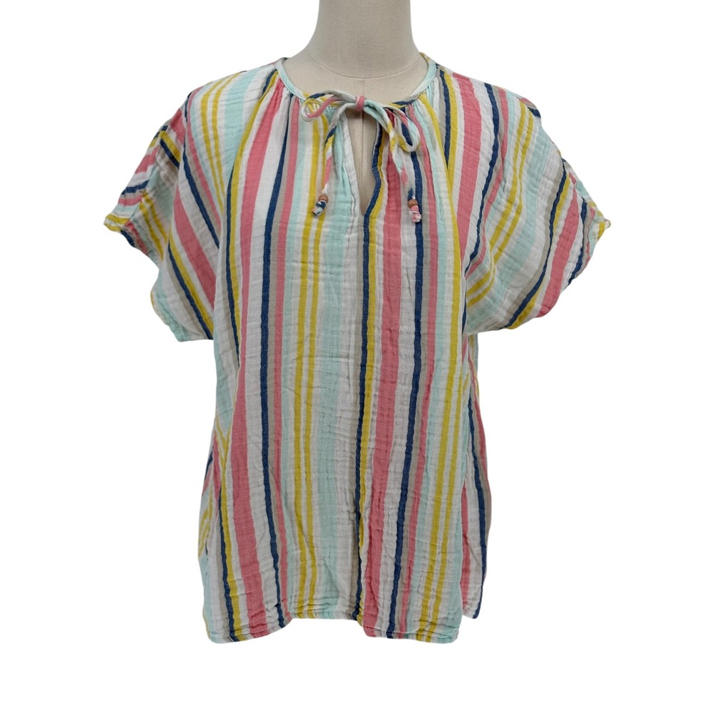 Style & Co Top Multi-Color Striped Tie Neck 100% Cotton M